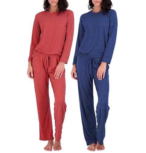 Real Essentials Women’s Long Sleeve Pajama Sets Ladies Soft Winter Fall Sleepwear Pajamas Clothes Loungewear Long Sleeve Tops Pants Bottoms Fall Warm Silky Pj Sets for Women, Set 2, Small, Pack of 2
