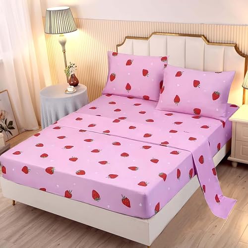 SDY 4PCS Strawberry Bedding Sheets,Queen Size Red and Pink Strawberry Print Sheet Set with 1 Kawaii Top Flat Sheet + 1 Deep Pocket Fitted Sheet + 2 Pillowcases for Teen Girls