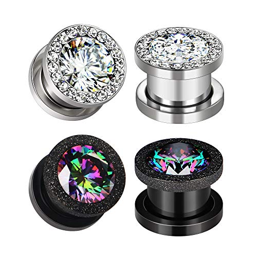 Awinrel 2 Pairs 2G CZ Gems Ear Gauges Plugs Womens Zircon Flesh Tunnels Stainless Steel Stretcher Kits Expander Piercing Jewelry 6mm