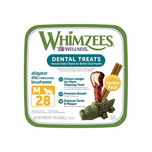WHIMZEES by Wellness Variety Box: All Natural Dental Chews for Dogs (Medium), 28 Count - Dog Treats, Freshens Breath, Gluten & Grain-Free