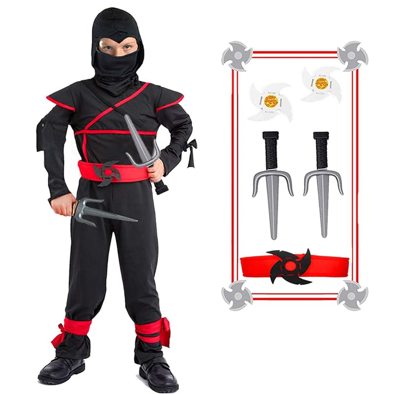 SATKULL Kids Ninja Costume with Halloween Ninja Accessories for Boys Dress up Best boys Gifts (kids-L-8/9T Black)