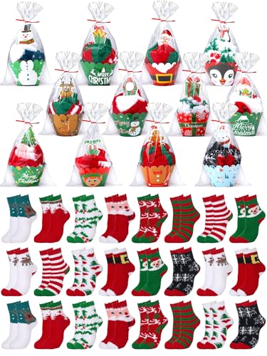 Suhine 24 Pairs Christmas Cupcake Socks Fuzzy Socks for Women and Girls DIY Gift Winter Warm Slipper Soft Fluffy Socks with Gift Boxes