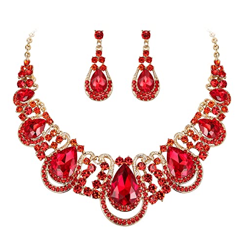 BriLove Costume Fashion Jewelry Set for Women Crystal Teardrop Hollow Scroll Statement Necklace Dangle Earrings Set Ruby Color Gold-Tone