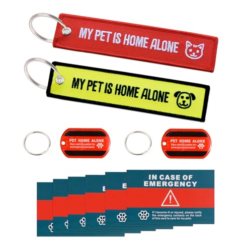 WINGKIND My Pet is Home Alone Embroidered Canvas Keychain & Pet Home Alone Alert Key Tag Keychain with Emergency Contact Wallet Card