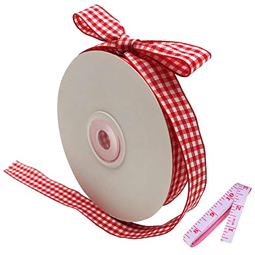 Red and White Gingham Ribbon, 5/8' x 25Yd Roll Picnic Craft Ribbon Red Buffalo Ribbon for Crafts Hair Accessories Craft and Christmas Gift Wrapping,5/8 Inch Polyester Woven Edge +60' Tape Measurement