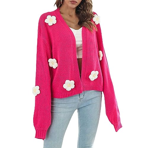 Amazon Outlet Today Women's Floral Applique Cardigan Sweater Hot Pink Cute Cardigan Trendy Flower Cable Knit Crochet (c-Hot Pink, S)