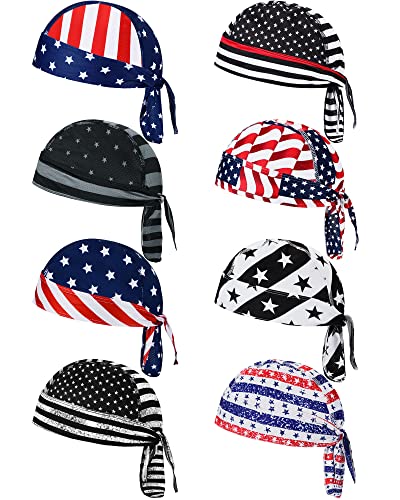 8 Pack Do Rag Skull Caps for Men Sweat Wicking Doo Rags Cooling Helmet Liner Cycling Motorcycle Bandana (American Flag Style) Multicoloured