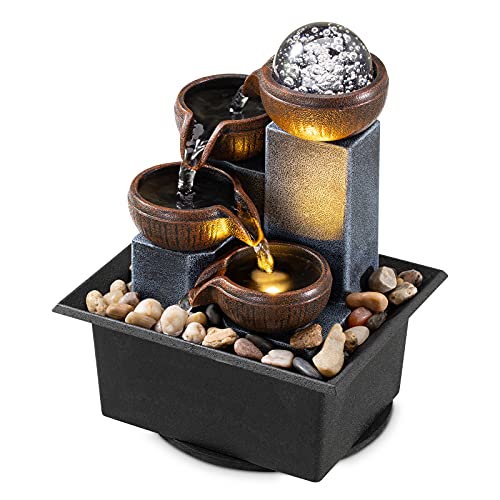 Tabletop Fountain 4 Level Tabletop Waterfall Meditation Fountain Indoor Fountain Office Home Relax Desktop Fountain Pool Includes Many Natural River Rocks LED Lights Fixed Decorative Bubble Ball