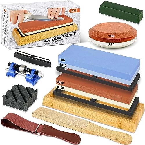 Knife Sharpening Stone Kit, 12pcs Dual Grit Whetstone 400/1000&3000/8000 White Corundum, Whetstone kit with Non-slip Bases, Flattening Stone, Angle Guide, Honing guide…