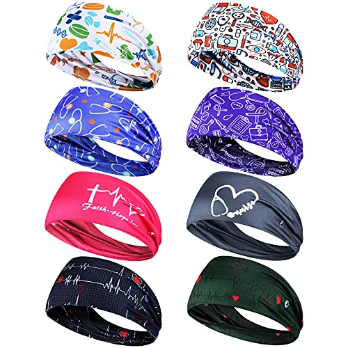 WILLBOND 8 Pieces Nursing Headbands with Buttons for Nurses Doctors Women Face Covering Ear Protection Holder Non Slip Elastic Hair Bands Wide Head Wraps for Spa Yoga Sports Workout (Sweet Patterns)
