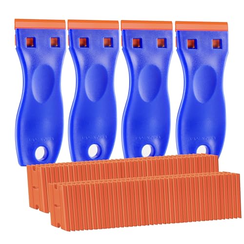 JVSEYTE 4 PCS Plastic Razor Blade Scraper and 120 PCS Plastic Razor Blades, Cleaning Scraper Tool for Remover, Adhesive, Stickers, Decals, Glass, Labels, Cars Windows