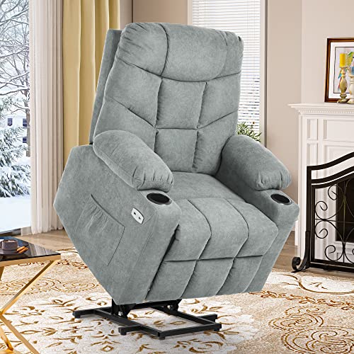 YITAHOME Electric Power Lift Recliner Chair for Elderly, Fabric Recliner Chair with Massage and Heat, Spacious Seat, USB Ports, Cup Holders, Side Pockets, Remote Control (Grey)