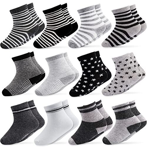 CUBACO Baby Socks, 12 Pairs Non Skid Anti Slip Cotton Grip Socks for Toddler Baby Toddler Socks Baby Boy Socks 12-24 months Toddler Socks with Gripper