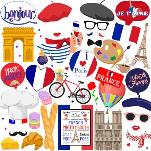 French Photo Booth Props, 40pcs France Photo Booth Props, Htabiol France Party Decorations, French Party Decorations, Suit for France Decor, French Decor, Paris Party Decor, French Themed Party Decor