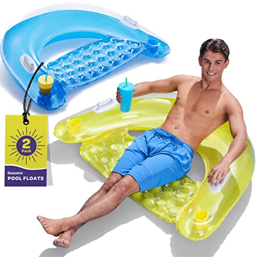 Pool Floats Adult [Set of 2] Inflatable Chair Floats with Cup Holders & Handles - Happy Colorful Pool Floaties - Pool Float Comes in 2 Fun Colors, Blue & Yellow, A Relaxing Float for Swimming Pool