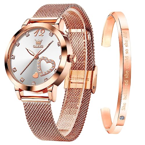 OLEVS Rose Gold Watch for Women Mesh Strap Fashion Dress Japanese Quartz Waterproof Luminous Ladies Watches Bracelet Sets