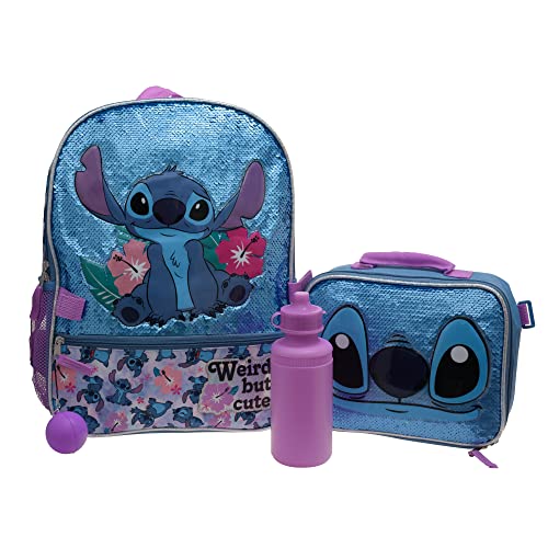Disney Lilo & Stitch Girls 4 Piece Backpack Set, Flip Sequin 16' School Bag with Front Zip Pocket, Blue