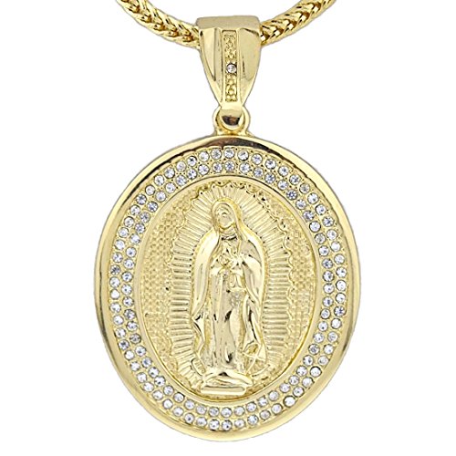 Bling Cartel Virgin Mary Immaculate Heart Oval Pendant La Virgen De Guadalupe Iced Gold Finish 36 in Franco Chain