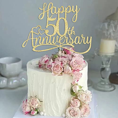 Sleyberoy golden Glitter Happy 50th Anniversary Cake Toppers -Wedding Anniversary Party Decorations, 50th Wedding Anniversary, Company Anniversary Party, Birthday Party Decorations (50th Gold)