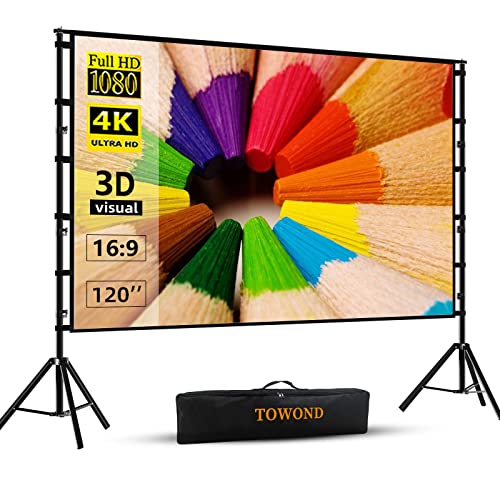 Projector Screen and Stand,Towond 120 inch Outdoor Projection Screen, Portable 16:9 4K HD Rear Front Movie Screen with Carry Bag Wrinkle-Free Design for Home Theater Backyard Cinema