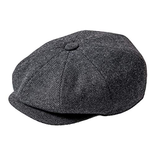 JANGOUL Men Wool Blend 8 Panel Newsboy Cap Tweed Cabbie Hat Snap Brim (Herringbone Grey, 7 5/8)