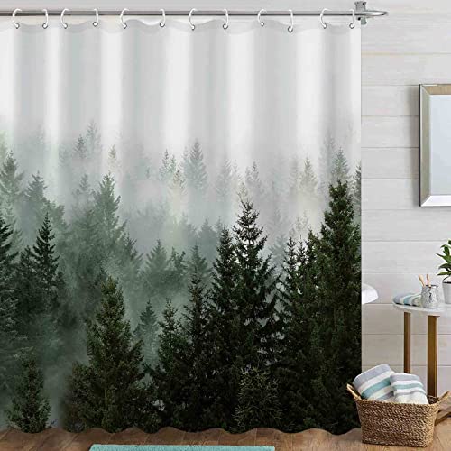 Aipon Green Misty Forest Shower Curtain Nature Tree Shower Curtain Set Dark Green Fabric Waterproof Shower Curtains for Bathroom Decor with 12 Hooks (72'' × 72'', Green4)