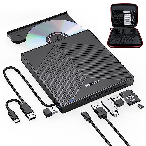 ORIGBELIE External CD DVD Drive, Ultra Slim CD Burner USB 3.0 with 4 USB Ports and 2 TF/SD Card Slots, Optical Disk Drive for Laptop Mac PC Windows 11/10/8/7 Linux OS with Carrying Case