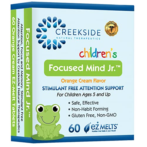 Creekside Naturals Focused Mind Jr., Focus and Memory Support for Children, Pediatrician Formulated, Stimulant Free Attention Support with Inositol, DMAE, Zero Sugar, Vegan, 60 EZ Melts