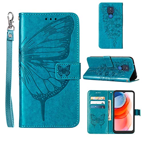 Compatible for Moto G Play 2021 Case Wallet,[Kickstand][Wrist Strap][Card Holder Slots] Butterfly Floral Embossed PU Leather Flip Cover for Moto G Play (2021) Case (Blue)
