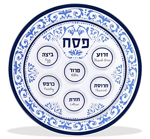 Passover Seder Plates 12' Melamine - 6 Section Plate Marked with Symbolic Pesach Seder Foods - Round Seder Tray for Adults, Children by Zion Judaica - Blue Floral Renaissance Single Passover Plate