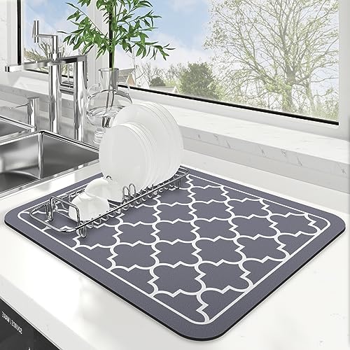 WISELIFE Dish Drying Mat Super Absorbent Drying Mat Large Dish Drying Mats for Kitchen Counter Easy Clean Dish Mat Kitchen Drying Mat 15' x 18' Stylish Grey