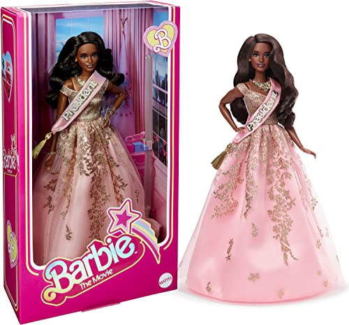 Barbie The Movie Doll, President Collectible Wearing Shimmery Pink and Gold Dress with Sash