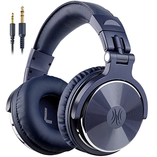 OneOdio Over Ear Headphone, Wired Bass Headsets with 50mm Driver, Foldable Lightweight Headphones with Share Port and Mic for Recording Monitoring Mixing Podcast Guitar PC TV (Dark Blue)