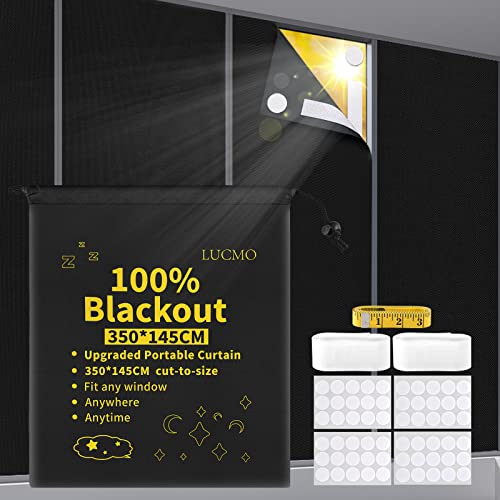 LUCMO Blackout Blinds 138' x 57', 100% Blackout Blind Curtain for Window, No Drill Portable Blackout Shades Film for Bedroom, Cut to Any Size, Nursery Black Out Blinds for Baby Travel Temporary