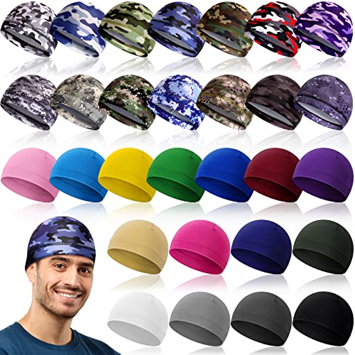 Retisee 30 Pcs Cooling Skull Cap Bulk Helmet Liner Hard Hat Liner Cycling Wicking Beanie Outdoor Head Wrap for Men Women(Camouflage, Solid Color)
