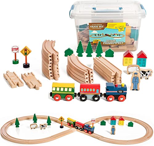 On Track USA Wooden Train Set 35 Piece All in One Wooden Toy Train Tracks Set with Magnetic Trains and Railway Accessories, Comes in A Clear Container, Compatible with All Major Brands