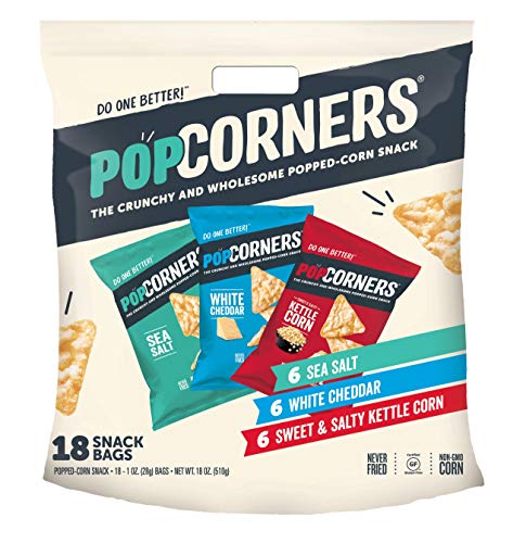 Popcorners Snacks Pack, Gluten Free Chips, Kettle Corn, White Cheddar, Sea Salt, Variety Pack, 1 Ounce (Pack of 18)