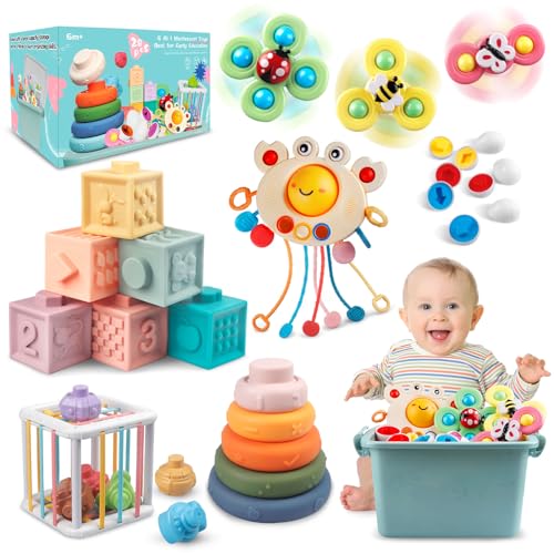 6 in 1 Baby Toys 6 to 12 Months, Montessori Toy for Toddlers 1-3, Infant Teething Babies Toy Stacking Blocks Rings Pull String Toy Suction Cup Spinner Toy Matching Eggs Shape Sorter Sensory Bin