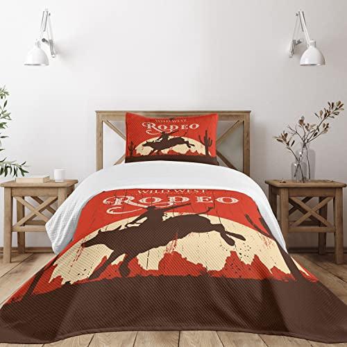 Ambesonne Vintage Bedspread, Rodeo Cowboy Riding Bull Wooden Old Sign Western Style Wilderness at Sunset Image, Decorative Quilted 2 Piece Coverlet Set with Pillow Sham, Twin Size, Redwood Orange