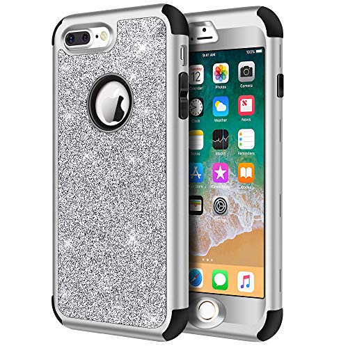 Hython Designed for iPhone 8 Plus, iPhone 7 Plus Case, Heavy Duty Defender Protective Bling Glitter Sparkle Hard Shell Hybrid Shockproof Rubber Bumper Cover for iPhone 7 Plus and 8 Plus, Silver