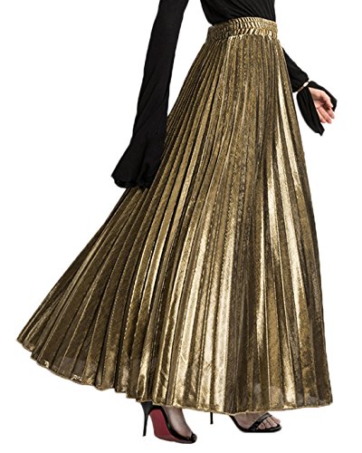 CHARTOU Women's Premium Metallic Shiny Shimmer Accordion Pleated Long Maxi Skirt (XX-Large, Gold)
