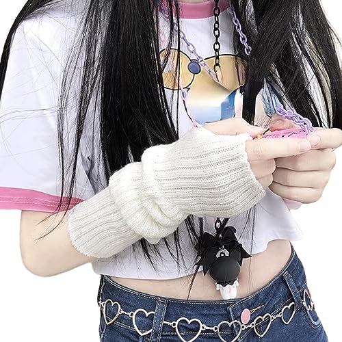 Cute Arm Warmers Kawaii Half Finger Y2K Adorable Accesspties for Teen Girl Glove Gyaru Hip Hop Arm Sleeve Harajuku Egirl Goth (White)