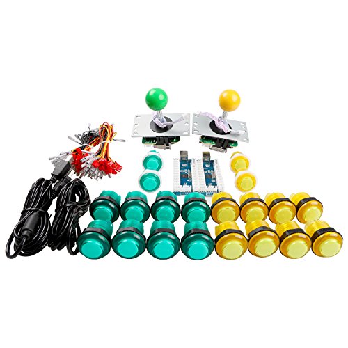 Easyget LED Arcade DIY Parts 2X Zero Delay USB Encoder + 2X 8 Way Joystick + 20x LED Illuminated Push Buttons for Mame Jamma Arcade Project Yellow + Green Kit Sets