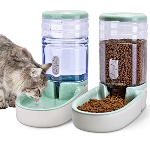 Kacoomi Automatic Dog Cat Feeder and Water Dispenser Gravity Food Feeder and Waterer Set with Pet Food Bowl for Small Medium Dog Puppy Kitten, Large Capacity 1 Gallon x 2