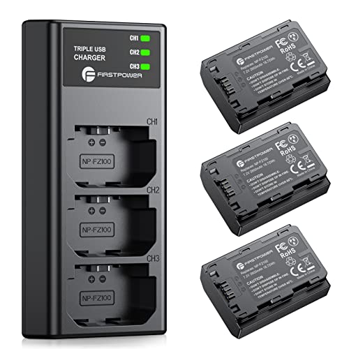 FirstPower NP-FZ100 Battery 3-Pack and Triple Slot Charger for Sony FX3, FX30, A7 III, A7 IV, A7R III, A9, A6600, A7R3, A7S III/A7S3, A7R III/A7C Camera