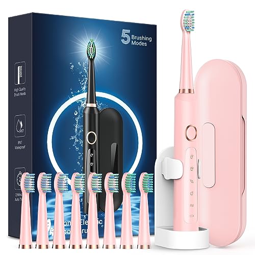 Sonic Electric Toothbrush for Adults - Rechargeable Electric toothbrush with 8 Brush Heads & Travel Case,Teeth Whitening , Power Electric Toothbrush with Holder, 3 Hours Charge for 120 Days - Pink