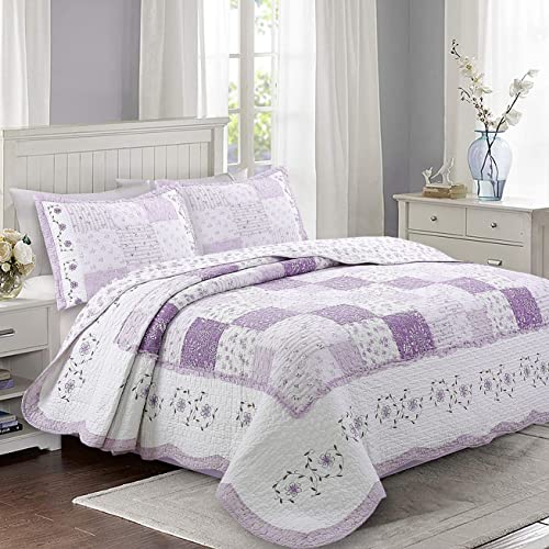 Cozy Line Home Fashions Love of Lilac Bedding Quilt Set, Light Purple Orchid Lavender Floral Real Patchwork 100% Cotton Reversible Coverlet, Bedspread (Lilac, Queen - 3 Piece)