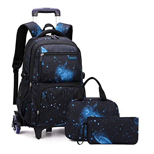 MITOWERMI Boys Rolling Backpacks Galaxy School Backpack with Wheels Boys Trolley Bags Durable Wheeled Bookbag with Lunch Bag