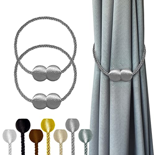 Hion Magnetic Curtain Tiebacks Grey 2pcs, Curtain Tiebacks Buckles Holdbacks Holders Hooks Clip for Home Bedroom Office Decorative Curtain