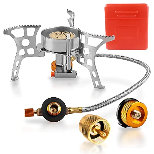 RIDEIWAKE Camping Stove with Fuel Canister Adapter Portable Collapsible Gas Stove with Piezo Ignition-3900W-Lightweight-Windproof-Butane Adapter Camping and Backpacking Mini Stove Kit for Hiking